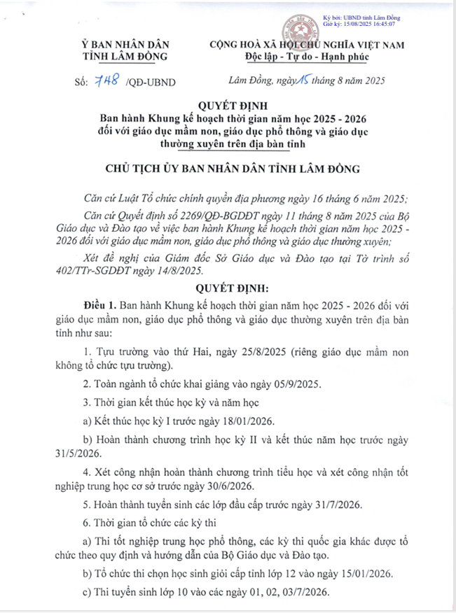 Khung kế hoạch thời gian năm học 2025-2026