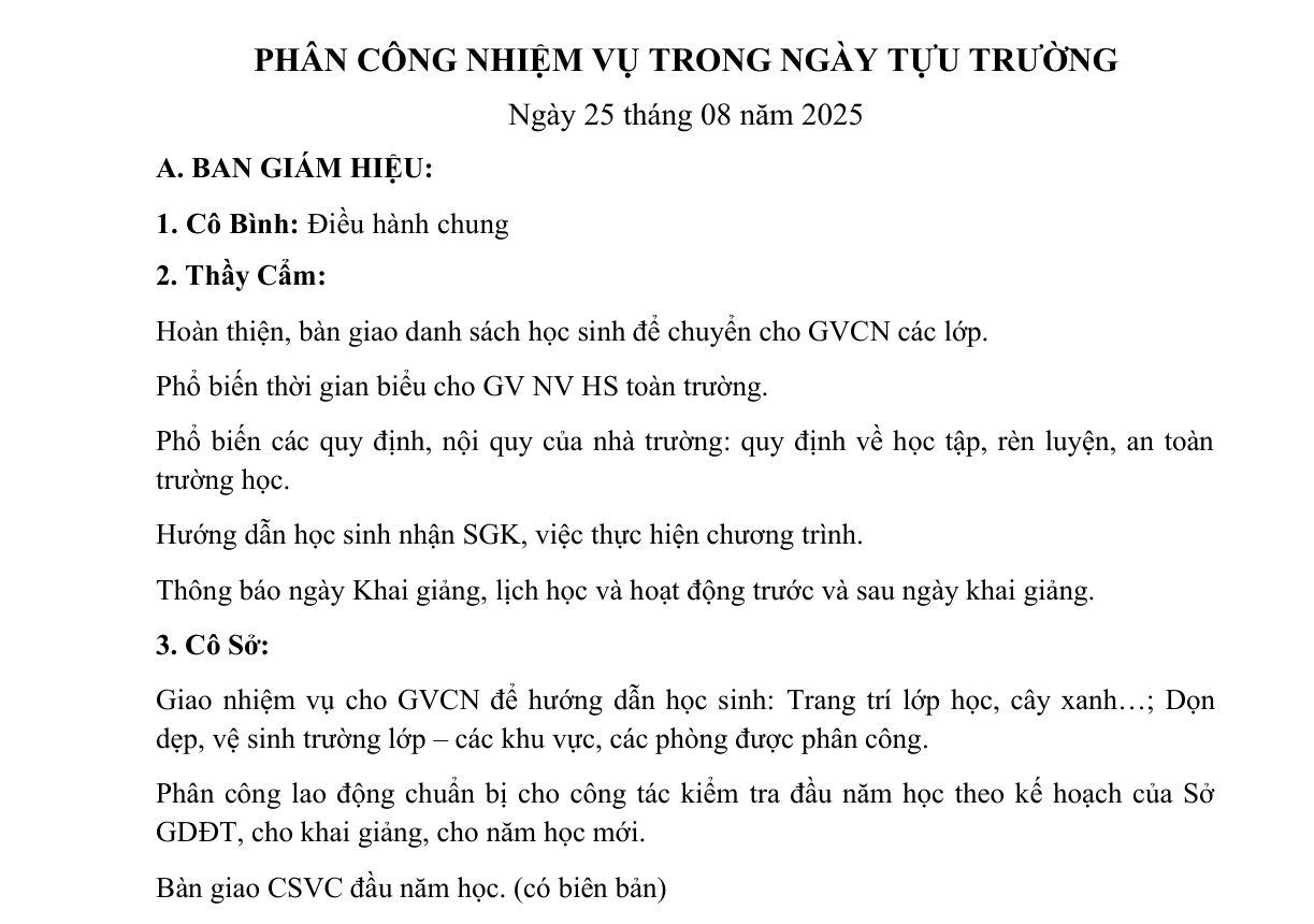 Phân công công việc ngày tựu trường 25 tháng 10 năm 2025