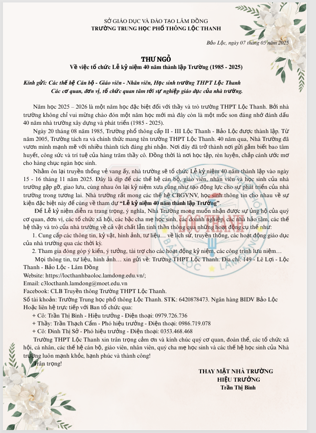 Thư ngỏ kỉ niệm 40 năm ngày thành lập trường THPT Lộc Thanh