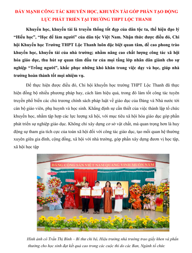 ĐẨY MẠNH CÔNG TÁC KHUYẾN HỌC, KHUYẾN TÀI GÓP PHẦN TẠO ĐỘNG LỰC PHÁT TRIỂN TẠI TRƯỜNG THPT LỘC THANH