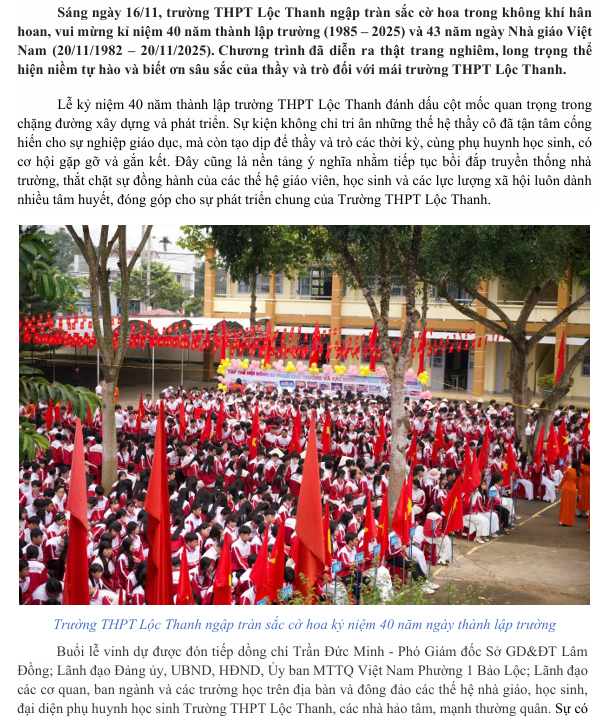 LỄ KỶ NIỆM 40 NĂM THÀNH LẬP TRƯỜNG THPT LỘC THANH (1985 – 2025) VÀ 43 NĂM NGÀY NHÀ GIÁO VIỆT NAM (20/11/1982 – 20/11/2025)