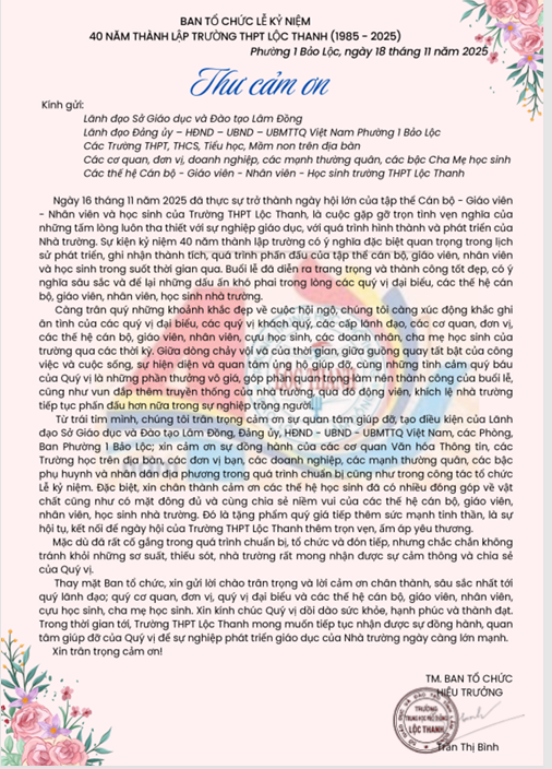 Thư  cảm ơn về việc kỉ niệm 40 năm thành lập trường
