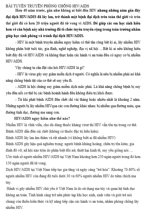 BÀI TUYÊN TRUYỀN PHÒNG CHỐNG HIV/AIDS