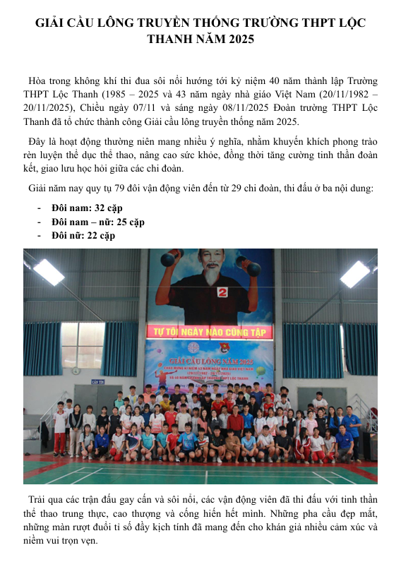 GIẢI CẦU LÔNG TRUYỀN THỐNG TRƯỜNG THPT LỘC THANH NĂM 2025