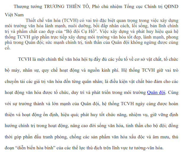 Phát huy vai trò thiết chế văn hóa, góp phần nuôi dưỡng người quân nhân cách mạng, giá trị văn hóa "Bộ đội Cụ Hồ"