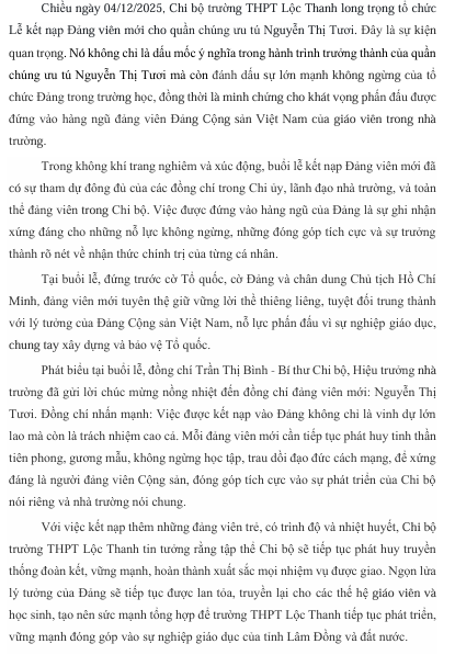 LỄ KẾT NẠP ĐẢNG VIÊN MỚI TẠI TRƯỜNG THPT LỘC THANH