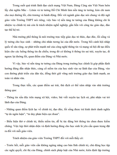 BẢO VỆ NỀN TẢNG TƯ TƯỞNG CỦA ĐẢNG TRÁCH NHIỆM CỦA GIÁO VIÊN TRƯỜNG TRUNG HỌC PHỔ THÔNG