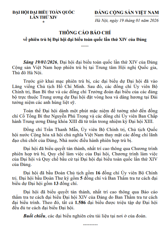 Thông cáo báo chí về phiên trù bị Đại hội Đại biểu toàn quốc lần thứ XIV của Đảng