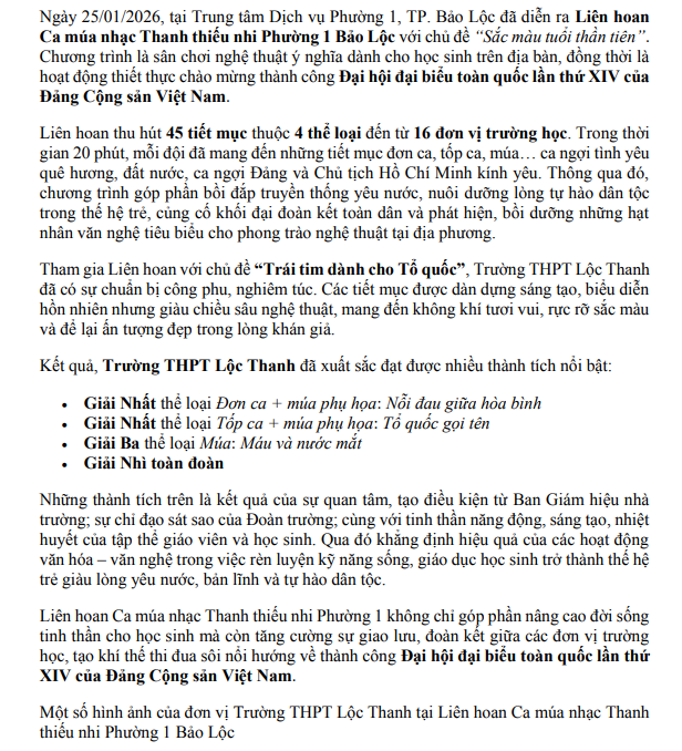 TRƯỜNG THPT LỘC THANH THAM GIA LIÊN HOAN CA MÚA NHẠC THANH THIẾU NHI PHƯỜNG 1 BẢO LỘC