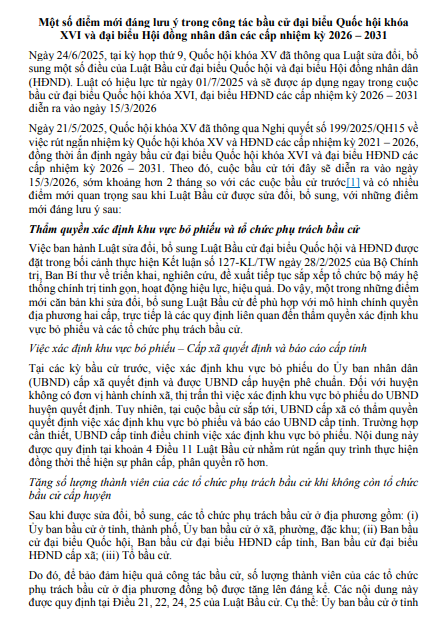 Một số điểm mới đáng lưu ý trong công tác bầu cử đại biểu Quốc hội khóa XVI và đại biểu Hội đồng nhân dân các cấp nhiệm kỳ 2026 – 2031