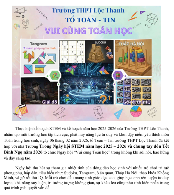 NGÀY HỘI “VUI CÙNG TOÁN HỌC” – SÂN CHƠI TRÍ TUỆ   ĐẦY HỨNG KHỞI TẠI TRƯỜNG THPT LỘC THANH