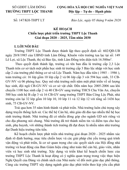 Chiến lược phát triển trường THPT Lộc Thanh