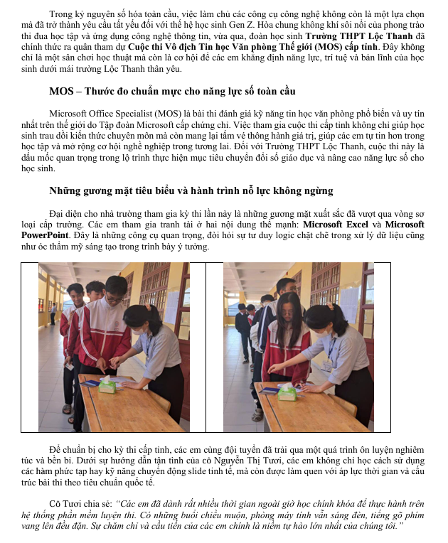 TUỔI TRẺ TRƯỜNG THPT LỘC THANH   CHINH PHỤC CUỘC THI MOS CẤP TỈNH