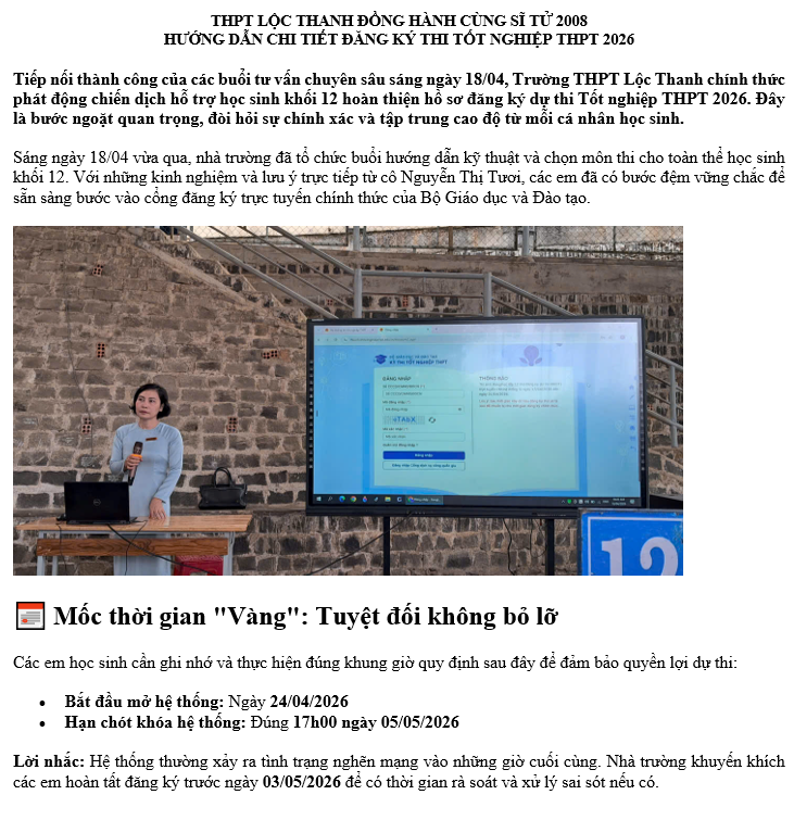 THPT LỘC THANH ĐỒNG HÀNH CÙNG SĨ TỬ 2008 HƯỚNG DẪN CHI TIẾT ĐĂNG KÝ THI TỐT NGHIỆP THPT 2026