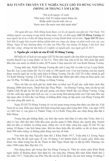 BÀI TUYÊN TRUYỀN VỀ Ý NGHĨA NGÀY GIỖ TỔ HÙNG VƯƠNG  (MỒNG 10 THÁNG 3 ÂM LỊCH)