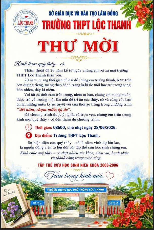 Thư mời họp mặt kỉ niệm 20 năm ra trường niên khóa 2003-2006