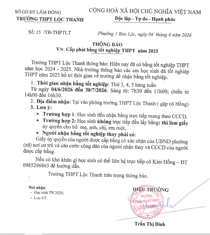 Thông báo nhận bằng Tốt nghiệp năm 2025