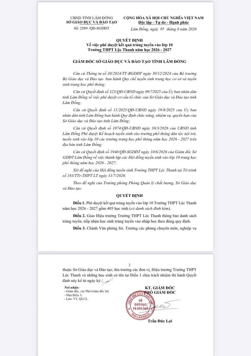 QĐ Kết quả trúng tuyển vào lớp 10  Trường THPT Lộc Thanh năm học 2026 - 2027